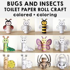 the insect and bug toilet paper roll craft is shown in several different colors, including one with