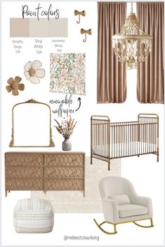 a baby's nursery room with neutral colors and accessories, including a crib