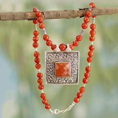 Carnelian pendant necklace, 'Mughal Fire' - Carnelian and Sterling Silver Necklace Indian Jewelry Assemblage Art Ideas, Silver Necklaces Indian, Necklaces Indian, Polymer Clay Pendants, Clay Pendants, Silver Diamond Necklace, Necklace Inspiration, Carnelian Pendant, Floral Branch