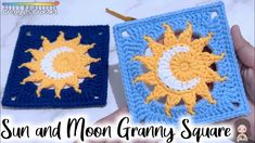 two crocheted squares with the sun and moon granny's square on them