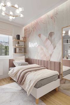 a bedroom with a bed, mirror and shelves on the wall in front of it