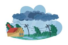 house in the rain surrounded by trees and power lines with clouds above it royalty illustration