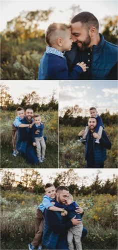 a man and two boys hugging each other in the grass