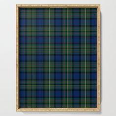 a blue and green plaid pattern serving tray