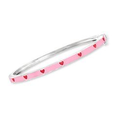 Ross-Simons - Tonal Pink Enamel Heart Bangle Bracelet in Sterling Silver. 7". An RS exclusive. Layer a little love into your stack with this adorable bangle! Our bracelet shines with hot pink enamel hearts dotted along a light pink enamel backdrop. Crafted in polished sterling silver. Hinged with figure 8 safety. Box clasp, tonal pink enamel heart bangle bracelet. Pink Enamel Stackable Jewelry, Pink Heart-shaped Sterling Silver Bracelets, Pink Heart-shaped Sterling Silver Bracelet, Pink Bangle Bracelets For Valentine's Day, Pink Bangle Bracelet For Valentine's Day, Pink Sterling Silver Stackable Jewelry, Pink Stackable Bangle As Gift, Adjustable Pink Heart Bangle Bracelet, Pink Heart Bracelet For Valentine's Day