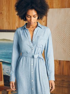 Think of a classic chambray shirt dress, but super light and super soft. With classic work shirt styling, this belted dress is a must-have for any casual-cool wardrobe. Indigo long-sleeve shirt dress with belt single patch pocket at chest 30% Linen, 70% TENCEL™ Lyocell, Agoya Shell Button Fit: Relaxed fit. Length: 47 1/2" Garment Care: Turn inside out. Machine wash cold with like colors. Gentle cycle. Do not bleach Lay Flat to Dry. Cool iron if needed Faherty Brand, Shirt Styling, Women Dress Collection, Blue Dress Women, Chambray Shirt Dress, Swimwear Bottoms, Dresses Dresses, Chambray Dress, Flattering Dresses