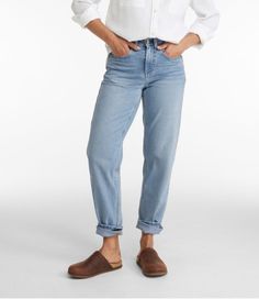 Washed for lived-in softness and vintage appeal, these relaxed boyfriend jeans are incredibly durable, hardworking and feel like a forever favorite from the start. High-Rise (Classic Fit): Sits at waist. Relaxed through hip and thigh. Straight-leg. Inseams: Regular 28", Petite 26", Medium Tall 30", Plus 28". Can be uncuffed for an additional 2". Leg opening: 14. 5" based on size 12. Durable 10 oz. twill blend of 79% cotton, 20% polyester and 1% spandex. The soft-washed denim is handsanded and slightly distressed for lived-in appeal. Machine wash and dry. Vintage-inspired style features our signature triple-needle stitching and hardware for durability. Five-pocket styling. Relaxed through the thigh with a tapered leg that looks great rolled or unrolled. Imported. Fit: High-Rise/Classic | Wo High Rise Boyfriend Jeans, Boyfriend Jean, Kids Outerwear, Shop Mens Clothing, Premium Denim, Denim Pant, Ll Bean, Vintage Jeans, L L Bean