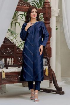 Product Details: 2 Piece Straight Shirt with Trouser Details: Plain Shirt Plain Trouser Color: Navy Fabric: Katan Silk Stitch Shirt, Navy Fabric