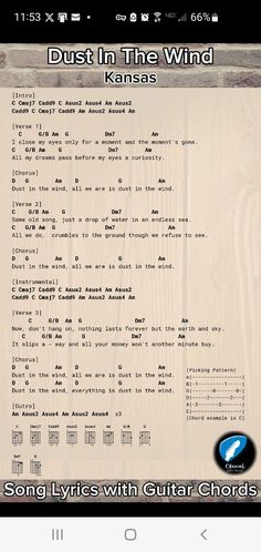 an old song with guitar chords in the background and text that reads dust in the wind