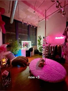 a room with pink carpet and clothes hanging from the ceiling, in front of a large window