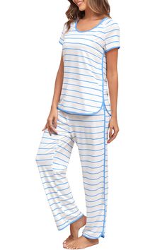 PRICES MAY VARY. Soft Pajama Set: Made of premium fabric silk satin, the pajama set for women is lightweight, breathable and skin-friendly, just like wrapped in a cloud, loose and lazy style helping you have a sound sleep Side Split Sleepwear Sets: The relaxed fit two piece comfortable loungewear included long pants and short sleeve tops. Both pants and tops in side split, it will increase the fashion and convenience of the clothes. With a classic stripe design, make you more comfy at home Loung Cheap Striped Sleepwear For Loungewear, Striped Relaxed Fit Sleepwear For Sleepover, Casual Striped Sleepwear For Home, Comfortable Full-length Summer Sleepwear, Comfortable Stretch Sleepwear, Short Length, Lounge Wear Sets, Pajama Bottoms Womens, Cotton Pajamas Women, Bridal Pajamas