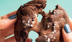 a person holding a chocolate donut with frosting