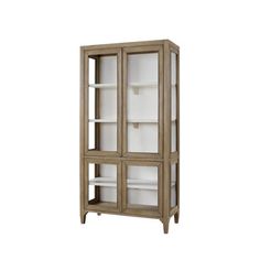 a wooden cabinet with glass doors and shelves