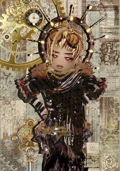 a digital painting of a woman in black and gold with gears on her head, standing next to a clock