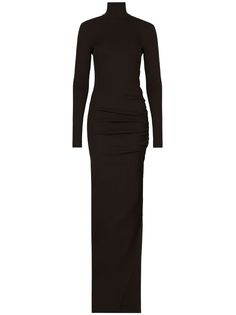 black stretch-design high neck long sleeves side slits ankle-length Formal Stretch High Neck Maxi Dress, Chic High Neck Maxi Dress With Side Slits, Black Maxi Dress With Side Slits, Elegant Stretch Maxi Dress With Turtleneck, Elegant Stretch Turtleneck Maxi Dress, Elegant Turtleneck Maxi Dress, Elegant High Neck Maxi Dress With Side Slits, Black Midi Dress With Long Sleeves And Side Slits, Black Long Sleeve Midi Dress With Side Slits