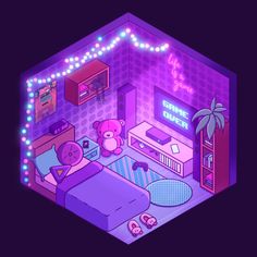 a purple room with a teddy bear sitting on the bed and a neon sign above it