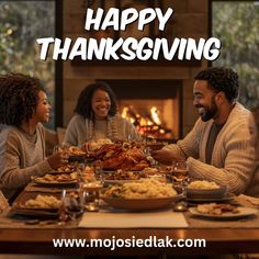 three people sitting at a table with turkey in front of them and the words happy thanksgiving