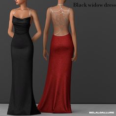 two women in black and red dresses standing next to each other, one wearing a spider web backless dress