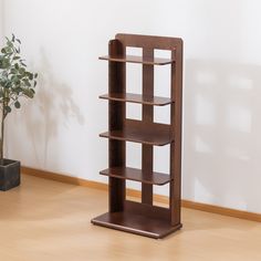 a wooden shelf sitting on top of a hard wood floor next to a potted plant