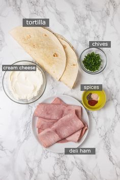 ingredients to make tortillas laid out on a marble counter top