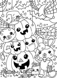 halloween coloring pages for kids with pumpkins, cats and other characters in black and white