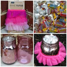 four different jars with tulle and candy in them