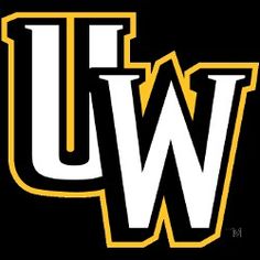 the uw logo is shown on a black background with white letters and yellow accents