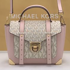 Michael Kors Manhattan Medium Leather And Logo Satchel Color Pawder Blush Multi Nwt New With The Tag Authentic The Manhattan Satchel Lends Modern Appeal To The Classic Trunk Bag Style. Skillfully Crafted From Smooth Leather With A Scaled-Up Take On Our Signature Print, It's Defined By Metal Corners And Distinctive Stud Hardware. A Flip-Lock Closure Opens To Reveal An Exterior Front Slip Pocket That Provides Easy Access To Your Phone. Satchel Leather 100% Leather From Tanneries Meeting The Highes Pink Leather Bag With Logo, Pink Leather Bag With Metal Hardware, Navy Blue Handbags, Trunk Bag, Black Leather Satchel, Bags Michael Kors, Blue Handbags, Leather Satchel Bag, Signature Print