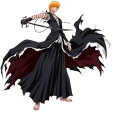 an anime character with orange hair and black clothes, holding two swords in his hands