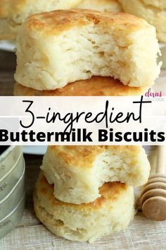 three ingredient buttermik biscuits stacked on top of each other with text overlay