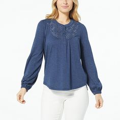 DG2 by Diane Gilman Embroidered Bib Henley Top   Swap out your graphic tee for this long sleeve henley featuring embroidered metallic thread and a hi-low shirttail hem. Casual Blue Long Sleeve Henley, Blue Henley Neckline Top For Spring, Spring Henley Neckline Tops With Relaxed Fit, Relaxed Fit Henley Neckline Tops For Spring, Casual Henley Neckline Blouse For Fall, Casual Henley Blouse For Fall, Spring Crew Neck Henley With Relaxed Fit, Spring Henley With Relaxed Fit And Crew Neck, Spring Relaxed Fit Henley With Crew Neck