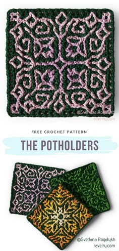 two crocheted coasters with the text, free crochet pattern the potholders