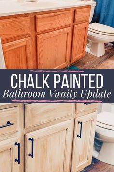 a bathroom vanity with the words chalk painted on it in blue and white overlay