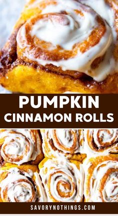 pumpkin cinnamon rolls with icing on top and the title above reads, pumpkin cinnamon rolls