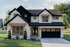 a white house with black roof and two garages in the front yard on a sunny day