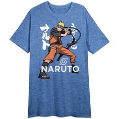 Calling all Naruto fans! Get ready to take your sleepwear game to the next level with this officially licensed women's sleep shirt featuring an eye-catching image of Naruto himself. The royal blue heather color adds a touch of style to your nighttime routine. And with short sleeves and a comfortable crew neck design, this sleep shirt is perfect for lounging around the house or catching up on your favorite anime series. Made from 100% cotton, it's soft and breathable, ensuring maximum comfort all Blue Anime Print Tops For Fan Merchandise, Cotton Character Print T-shirt For Loungewear, Cotton Sleepwear With Character Print, Cotton Crew Neck Sleepwear With Character Print, Cotton Sleepwear With Character Print And Crew Neck, Casual Sleepwear With Character Print And Crew Neck, Loungewear T-shirt With Character Print, Short Sleeve, Short Sleeve Graphic Print Sleep T-shirt, Loungewear Short Sleeve T-shirt With Character Print