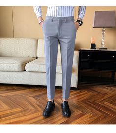 Wiaofellas New Business Dress Pants Men Solid Color Office Social Form Slim Fit Full-length Dress Pants For Summer, Fitted Business Bottoms For Summer, Fitted Summer Business Bottoms, Gray Full-length Dress Pants For Spring, Gray Full Length Dress Pants For Spring, Slim Fit Dress Pants For Spring, Gray Business Pants For Spring, Gray Formal Bottoms For Spring, Formal Gray Bottoms For Spring