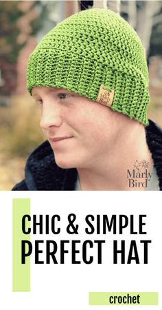 a woman wearing a green knitted beanie hat with the words, chic and simple perfect hat