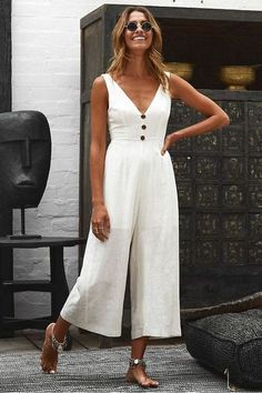 White Linen Jumpsuit, White Playsuit, Bachelorette Outfits, Linen Jumpsuit, White Jumpsuit, Wide Leg Jumpsuit, Fashion Colours, Look Chic