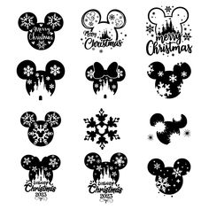 mickey mouse christmas svg cut files for silhouettes and cricut designs, including snowflakes