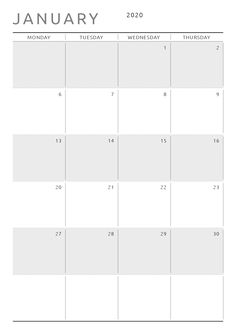 the january 2020 calendar is shown in black and white