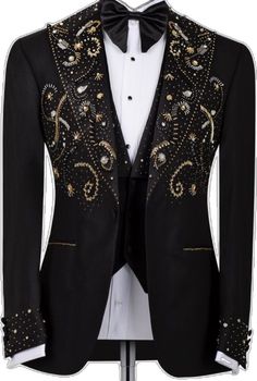 a tuxedo jacket with gold and black sequins