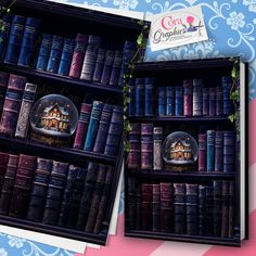 two bookshelves filled with purple and blue books