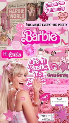 the cover of barbie magazine with pink hair and accessories on it's back page