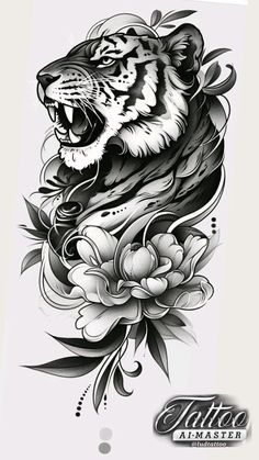 a tiger with flowers on it's head and the words tattoo almasaber written in