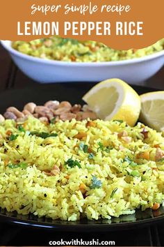 lemon pepper rice on a black plate