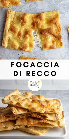 the recipe for focaccia di recco is shown in two different pictures