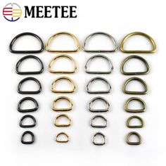 various metal buckles and clips are shown in this image with the words meete on it