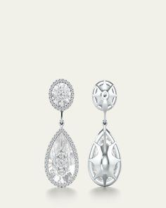 Bhansali drop earrings from the One Collection    18karat solid white gold    Pear and round quartz with diamond halos    1 total diamond carat weight     For pierced ears    Imported Luxury Rose Cut Drop Diamond Earrings, Luxury Diamond Earrings With Halo Design For Evening, Luxury Platinum Teardrop Diamond Earrings, Luxury Halo Design Diamond Earrings For Evening, Luxury White Gold Bridal Earrings With Halo Design, Rose Cut Diamond Drop Earrings, Luxury Diamond Earrings With Halo, Luxury Halo Diamond White Earrings, Luxury Rose Cut Diamond Drop Earrings