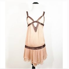 100% Authentic Sass & Bide Mini Dress "Ethereal Beauty” Stunning Piece - A Work Of Art And Collector's Item! Super-Rare. Super-Fine Crinkled Silk Fabric In Blush Color, Embellished With Bronze Bugle Beads. Size Au40, Fits Like Us4 Or Us2, With 29 Inches Around The Rib Cage And 16 Inches Across The Hip Band Where There Is No Stretch. Check Your Under-Bust Measurement. Hip Sits Anywhere, And Waist Is Free. Dress Length At Center Measures 37 Inches. Fitted Sequin Dress With Beaded Straps For Summer, Glamorous Summer Sequin Dress With Beaded Straps, Glamorous Sequin Dress With Beaded Straps For Summer, Summer Sequin Dress With Beaded Straps For Night Out, Sequin Dress With Beaded Straps For Summer Night Out, Chic Fitted Flapper Dress For Summer, Chic Embellished Sequin Summer Dress, Glamorous Summer Cocktail Flapper Dress, Summer Cocktail Glamorous Flapper Dress